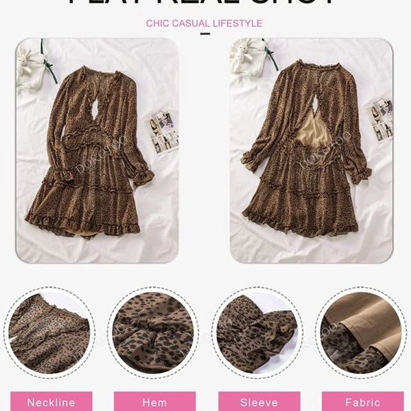 Leopard Print Spring Summer Deep V Neck Ruffle Long Sleeve Mini Dress - Picture 4 of 4